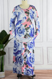 Blaues, elegantes, bedrucktes Patchwork-Kleid mit V-Ausschnitt, Kleider in Übergröße