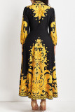 Черно-желтые повседневные платья с отложным воротником и пряжкой в ​​стиле пэчворк с принтом (без пояса)