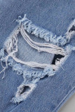 Lichtblauwe casual effen gescheurde patchwork jeans in grote maten