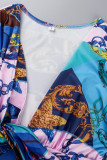 Vestidos de falda de lápiz con cuello en V de patchwork con estampado sexy azul