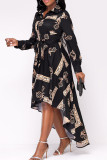Robe noire décontractée à imprimé patchwork avec boucle et col rabattu