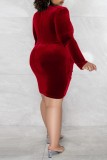 Красные сексуальные повседневные однотонные лоскутные платья с круглым вырезом и длинными рукавами больших размеров
