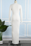 Белые повседневные однотонные базовые платья с круглым вырезом и длинным рукавом