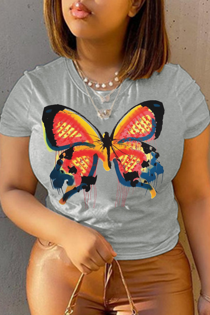 

Grey Street Vintage Butterfly Print Patchwork Letter O Neck T-Shirts