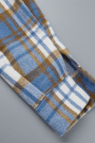 Cappotto blu casual con stampa scozzese e fibbia patchwork con risvolto
