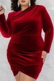 Rode Sexy Casual Effen Patchwork O-hals Lange mouw Grote maten jurken