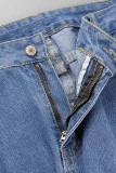 Голубые повседневные однотонные рваные джинсы больших размеров в стиле пэчворк