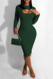 Tinta verde sexy sólido ahuecado hacia fuera patchwork o cuello lápiz falda vestidos