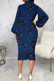 Blauw casual print patchwork met strik halve coltrui jurken