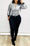 Pink Fashion Casual Patchwork Sequins Zipper Collar Long Sleeve Two Pieces