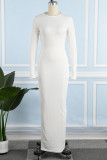 Vestidos brancos casuais sólidos básicos de manga comprida com decote em O