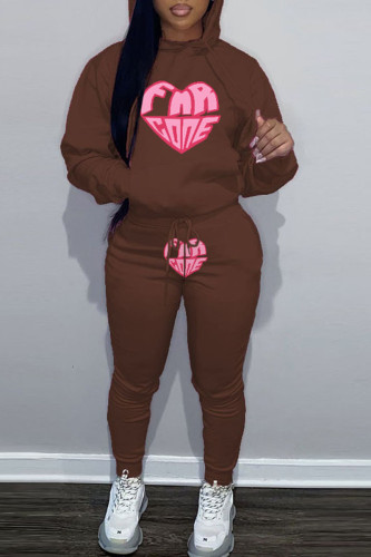 Brown Casual Graphcis Print Long Sleeve Crop Jackets And Skinny Sweatshirt Two Pieces Jogger Sets