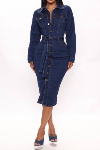 The cowboy blue Casual Solid Patchwork Turndown Collar Long Sleeve Regular Denim Dresses