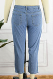 Hellblaue, lässige, solide, zerrissene Patchwork-Jeans in Übergröße