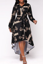 Zwarte casual print patchwork gesp turndown kraag A-lijn jurken