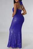 Blue Sexy Solid Sequins Patchwork Backless Halter Evening Dress Dresses