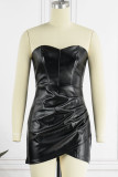 ブラック セクシー ソリッド パッチワーク 非対称 ストラップレス ワンステップ スカート ドレス
