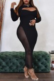 Schwarze, sexy, lässige, einfarbige, langärmlige Kleider mit O-Ausschnitt