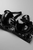 Ensemble de trois pièces de lingerie patchwork évidé solide noir sexy