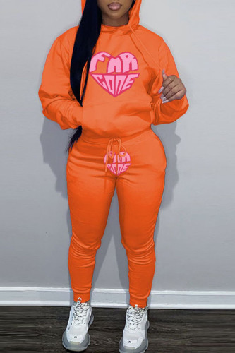 Orange Casual Graphcis Print Long Sleeve Crop Jackets And Skinny Sweatshirt Two Pieces Jogger Sets