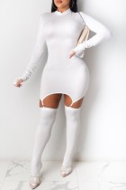 Белое сексуальное повседневное однотонное платье в стиле пэчворк с длинными рукавами и высоким воротником (с носками)