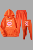 Orange Casual Lips Printed Patchwork Letter Hooded Collar Long Sleeve Two Pieces