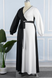 Noir Blanc Décontracté Solide Patchwork Contraste V Cou Manches Longues Plus La Taille Robes