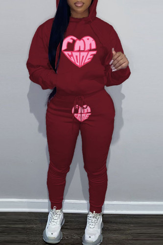 Burgundy Casual Graphcis Print Long Sleeve Crop Jackets And Skinny Sweatshirt Two Pieces Jogger Sets