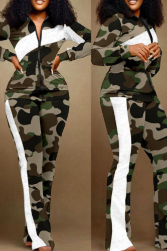 Camouflage Casual Street Print Patchwork Zipper Long Sleeve Two Pieces