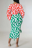 Vestidos de falda de un paso con cuello en V de patchwork de vendaje con estampado sexy rojo verde