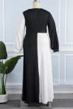 Schwarz Weiß Casual Solid Patchwork Kontrast V-Ausschnitt Langarm Kleider in Übergröße