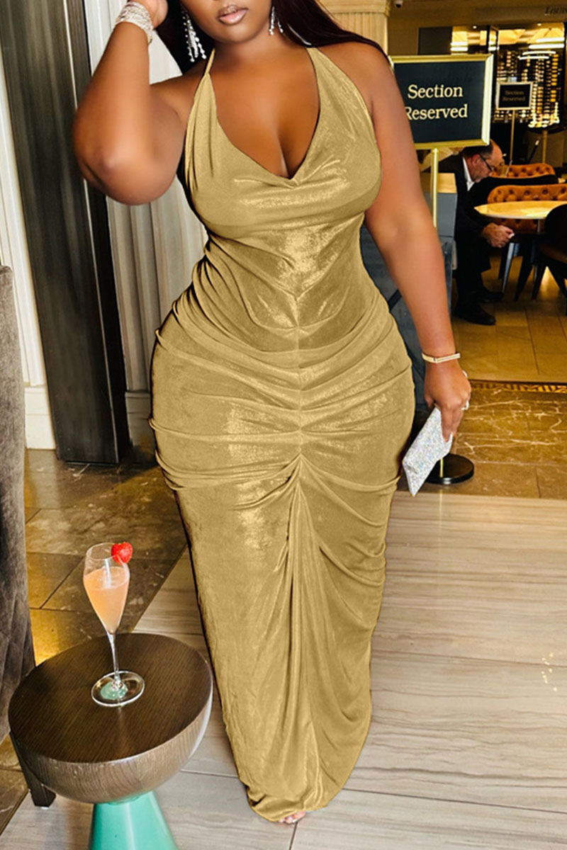 

Gold Sexy Solid Patchwork Backless Fold Halter One Step Skirt Plus Size Dresses