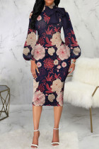 Paarse casual print patchwork met strik een halve coltrui jurken