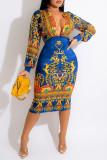 Robes de jupe crayon à col en V imprimé patchwork bleu sexy