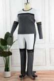 Серый Повседневная спортивная одежда Однотонный Пэчворк С круглым вырезом Большие размеры Из двух частей