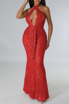 Красные сексуальные сплошные блестки в стиле пэчворк с открытой спиной Холтер Вечернее платье Платья