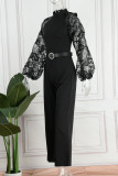 Zwarte elegante effen patchwork met riem, rechte jumpsuits met halve coltrui