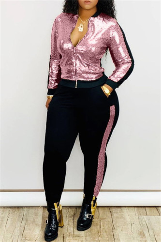 Pink Fashion Casual Patchwork Sequins Zipper Collar Long Sleeve Two Pieces