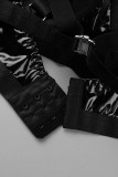 Conjunto de três peças de lingerie preta sexy sólida vazada patchwork