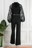 Zwarte elegante effen patchwork met riem, rechte jumpsuits met halve coltrui