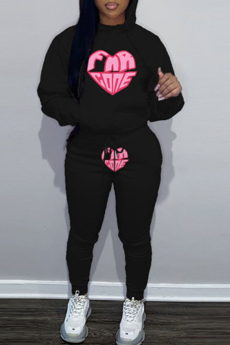 Black Casual Graphcis Print Long Sleeve Crop Jackets And Skinny Sweatshirt Two Pieces Jogger Sets