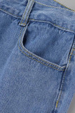 Jeans azul claro casual de retalhos lisos rasgados plus size