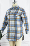 Blue Casual Plaid Print Patchwork Buckle Turndown Collar Plus Size Overcoat