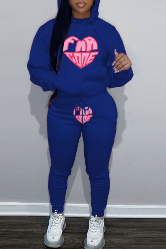 Blue Casual Graphcis Print Long Sleeve Crop Jackets And Skinny Sweatshirt Two Pieces Jogger Sets