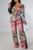Multicolor Sexy Print Bandage Patchwork V Neck Long Sleeve Two Pieces