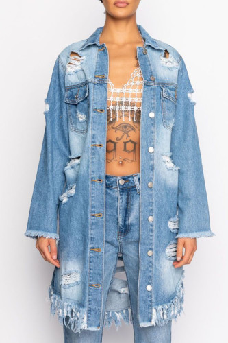 Light Blue Casual Street Solid Ripped Make Old Patchwork Buckle Turndown Collar Long Sleeve Straight Denim Jacket