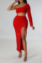 Vestidos de falda de un paso de cuello oblicuo con hendidura de retazos ahuecados sólidos sexys rojos