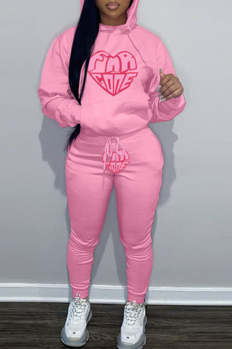 Pink Casual Graphcis Print Long Sleeve Crop Jackets And Skinny Sweatshirt Two Pieces Jogger Sets