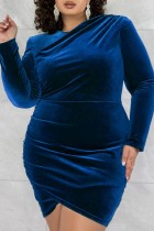 Красочные синие сексуальные повседневные однотонные лоскутные платья с круглым вырезом и длинными рукавами больших размеров