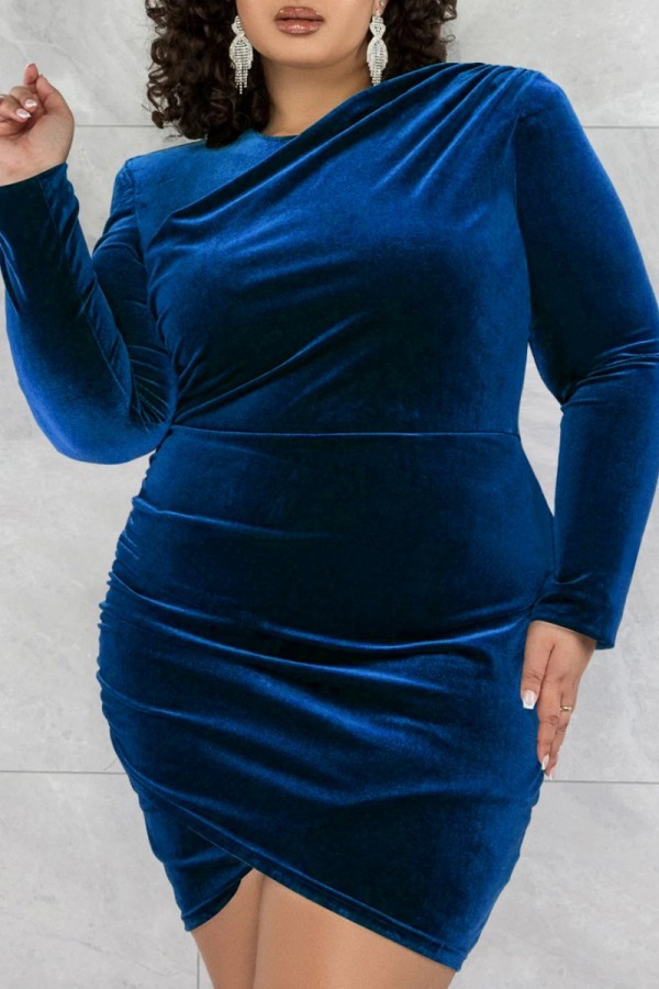カラフルなブルーのセクシーなカジュアルなソリッド パッチワーク O ネック長袖プラス サイズのドレス
